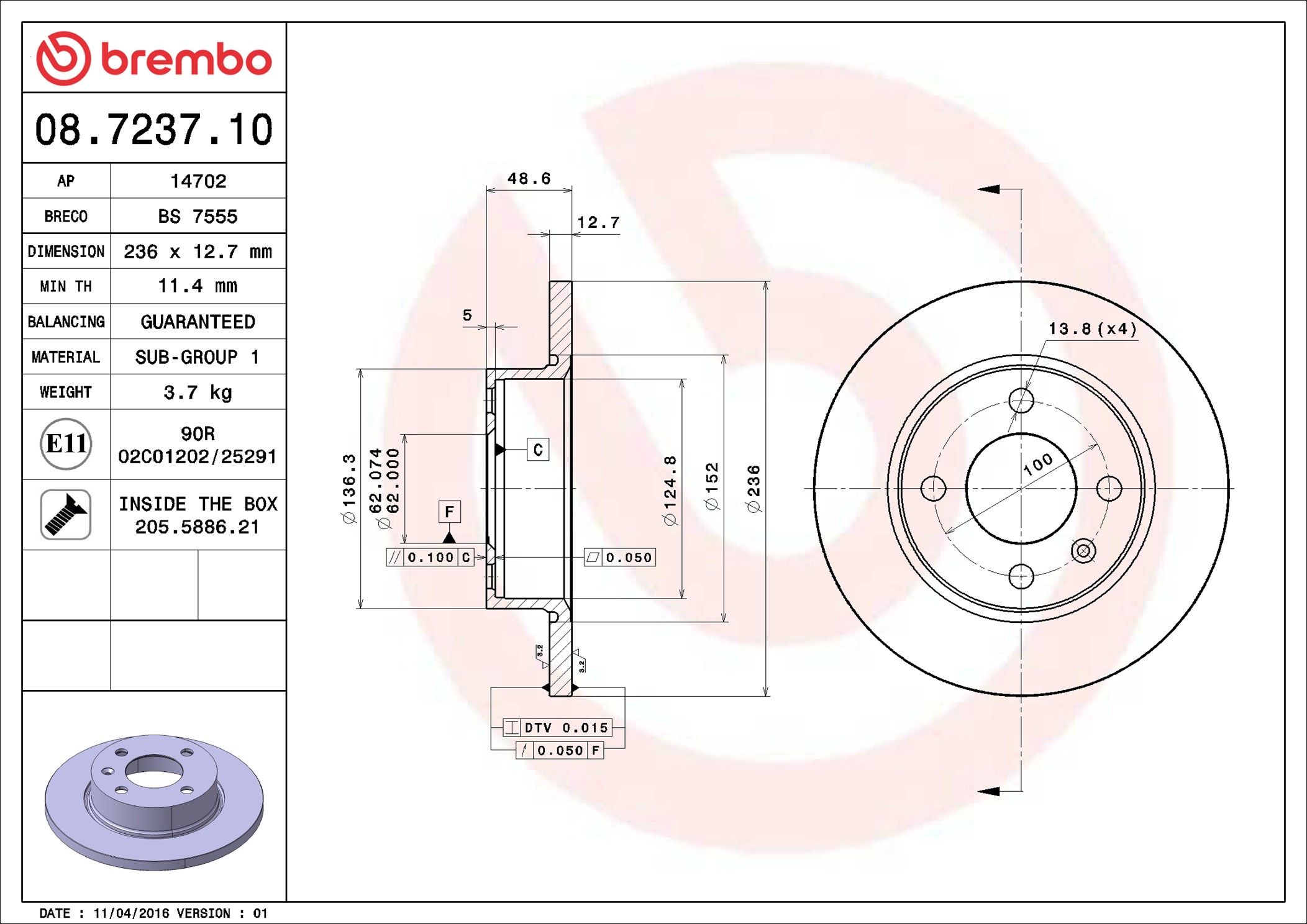08.7237.10 BREMBO PRIME LINE féktárcsa
