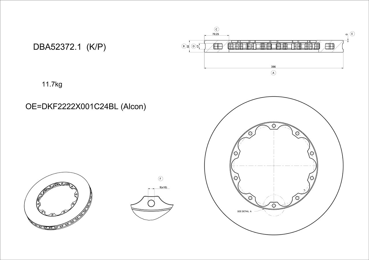 5000 Rotor Standard - 396mm x 34mm KP [ 2014 NISSAN GTR35  ALCON Replacement F] with M6 Lock Nut - TecDoc 1