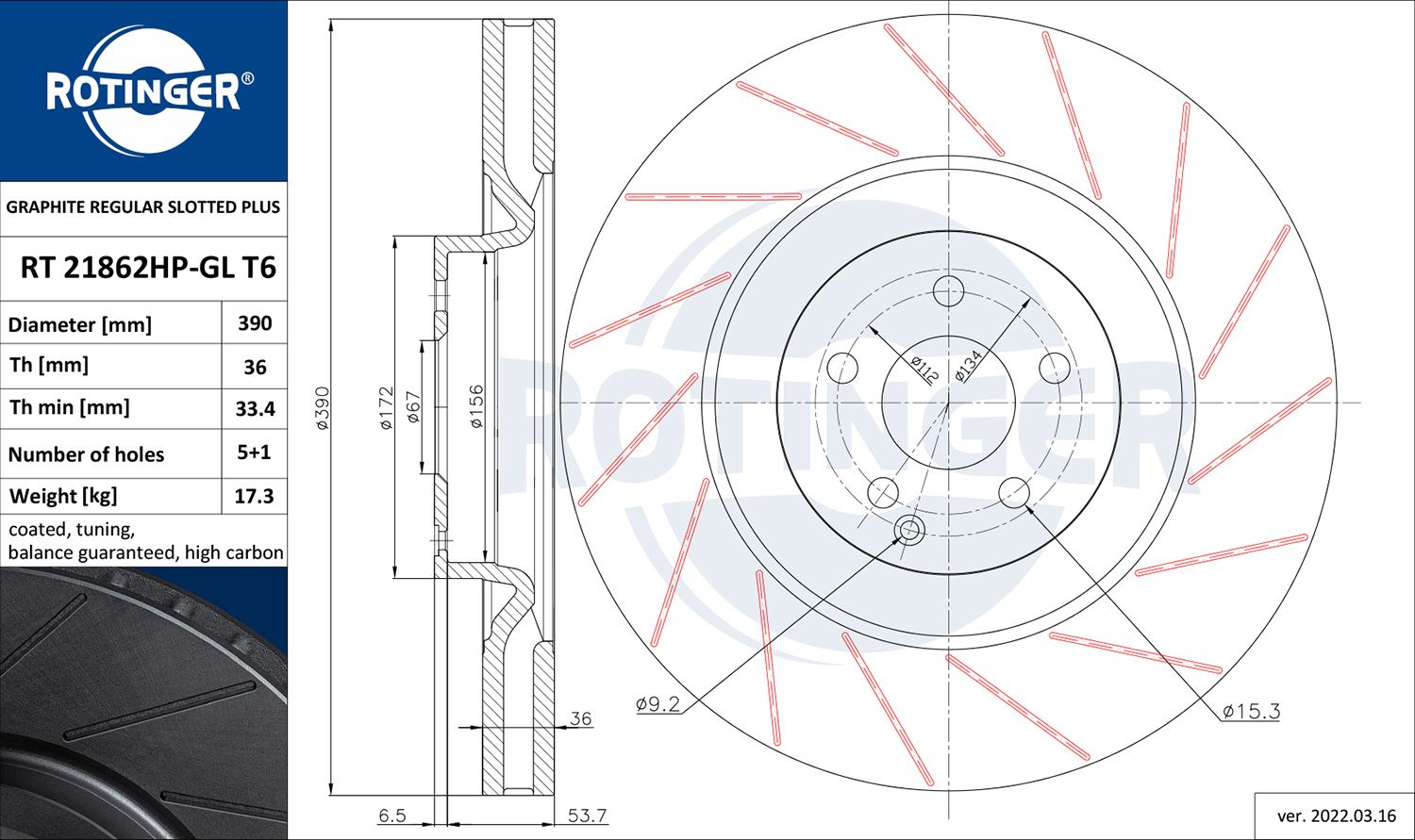 RT 21862HP-GL T6 ROTINGER GRAPHITE REGULAR SLOTTED PLUS féktárcsa