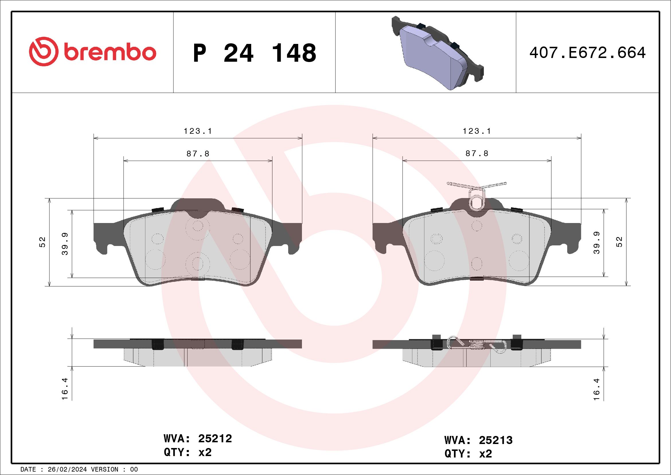 Brake Pad Set, disc brake P 24 148X