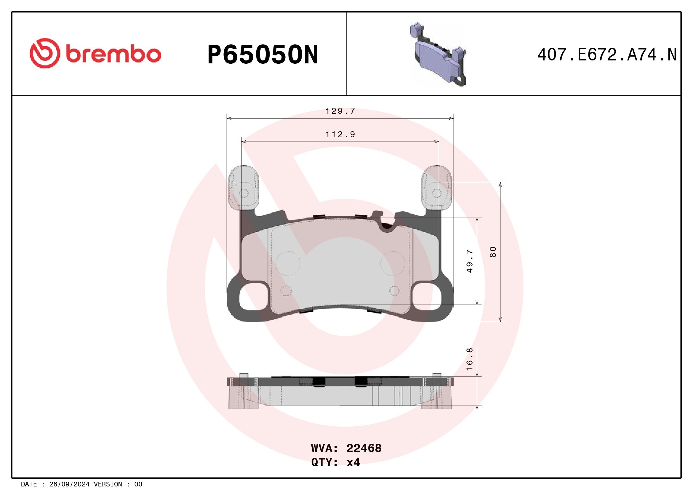 BREMBO DISC PAD -  PORSCHE CAYMAN 9YA 18-23 (RR) - TecDoc Only