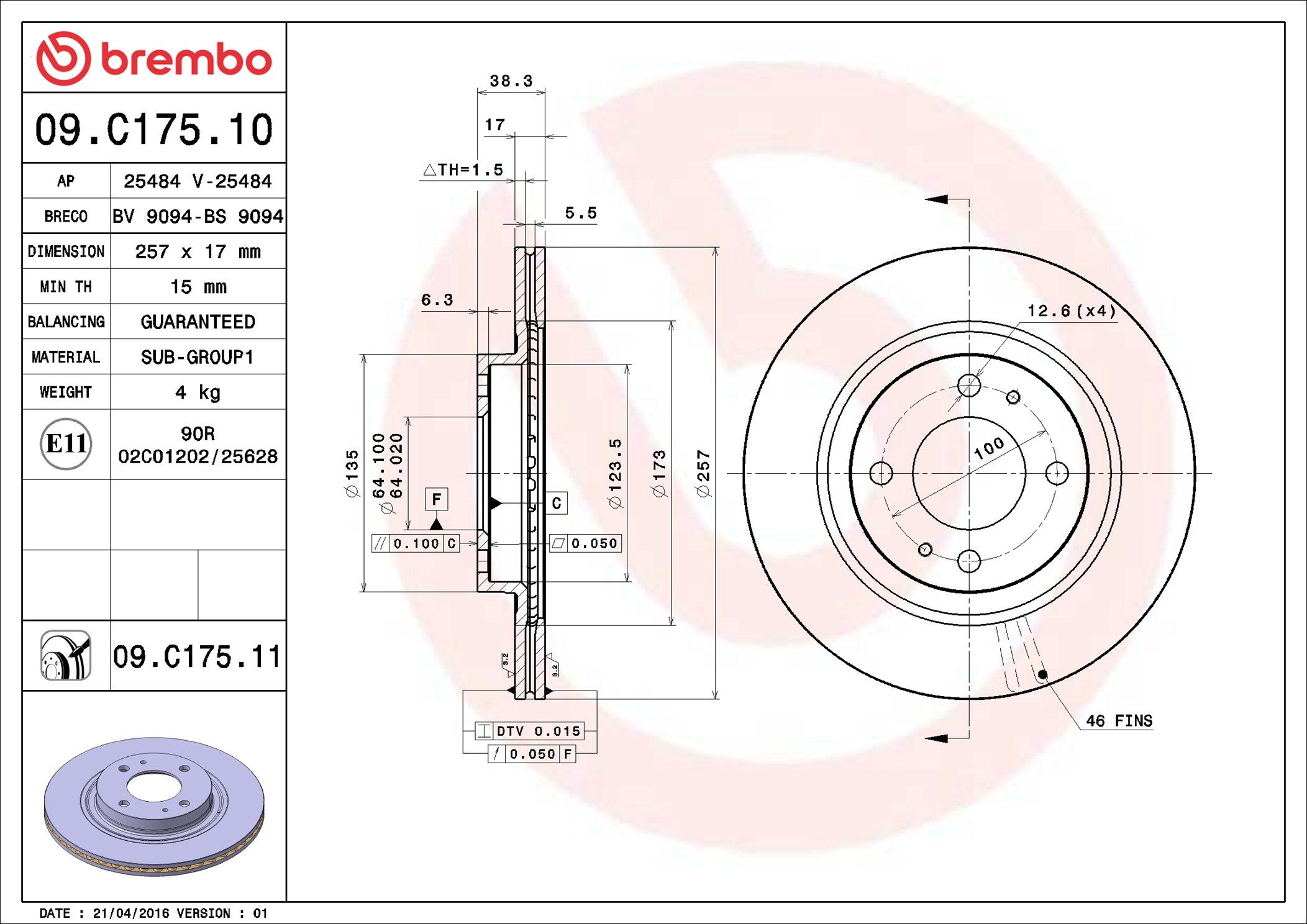 09.C175.11 BREMBO PRIME LINE - UV Coated féktárcsa