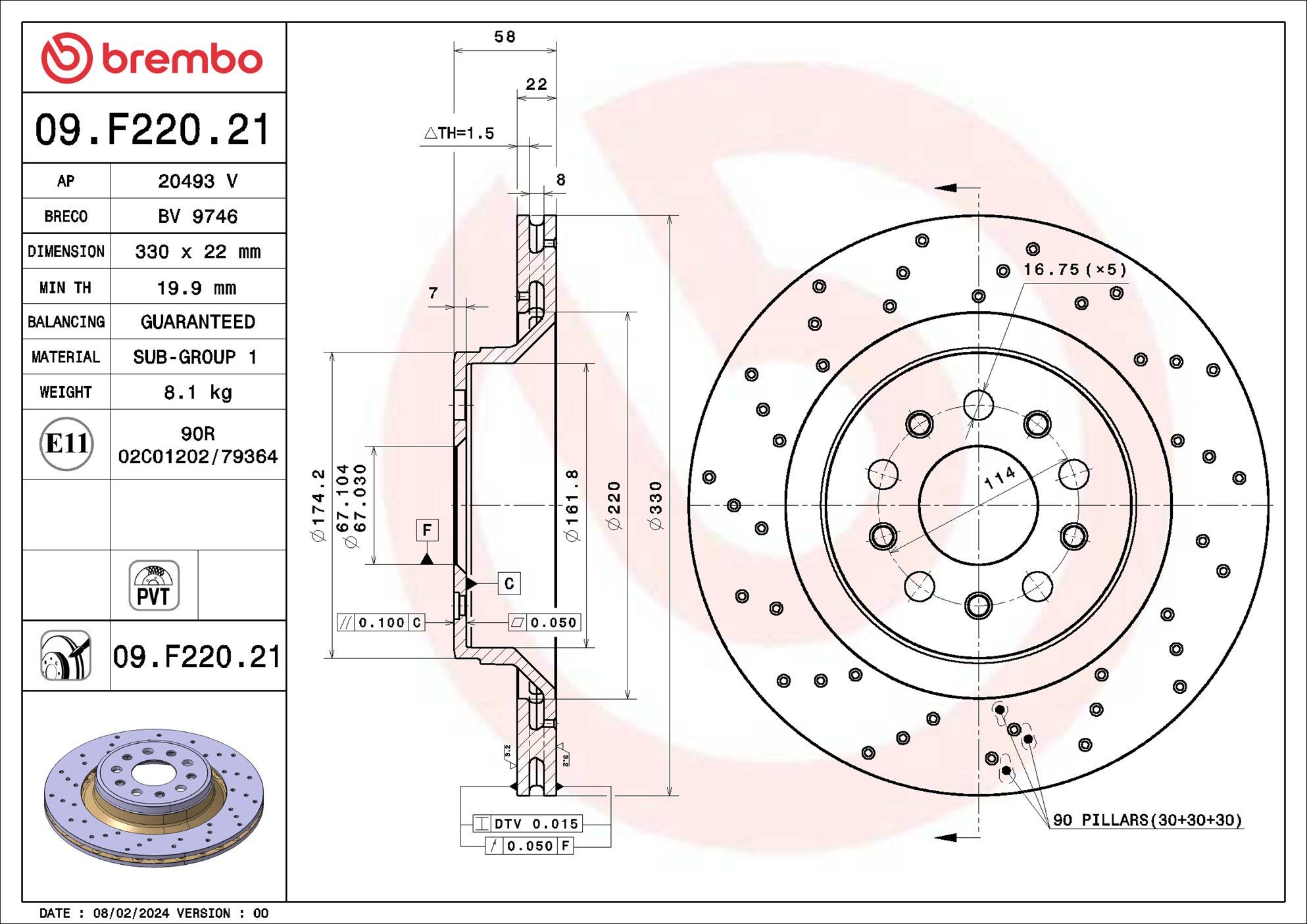 BREMBO DISC ROTOR -  MASERATI LEVANTE 17-ON (RR) *X/Drilled - TecDoc 2
