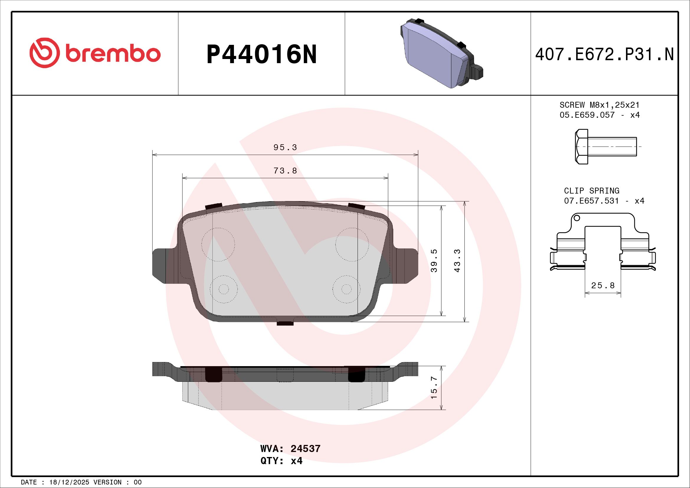 BREMBO DISC PAD -  FORD MONDEO MA 07-08 (RR) - TecDoc 2