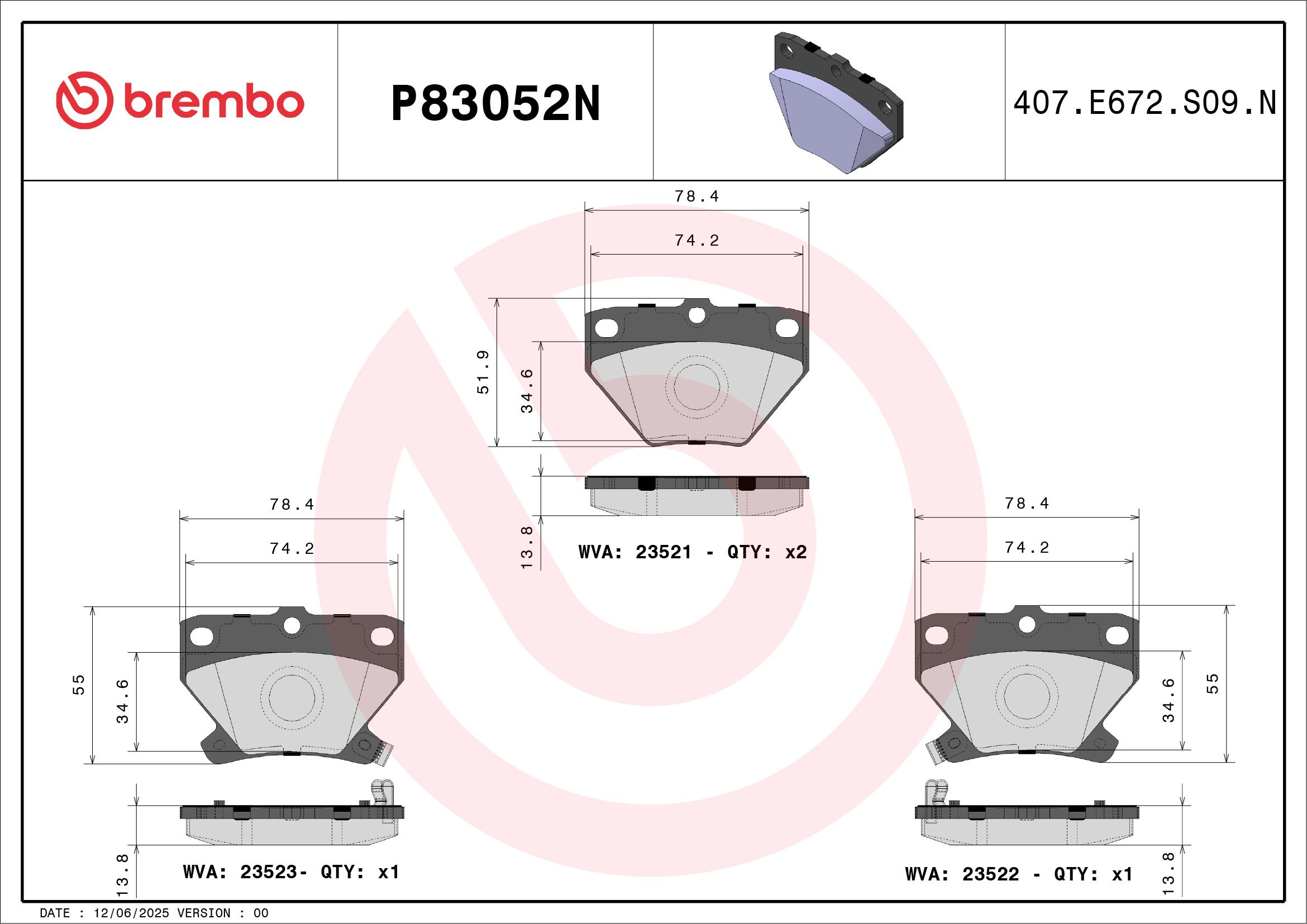 BREMBO DISC PAD -  TOYOTA COROLLA (ZZE_) 1.8 01-07 (RR) - TecDoc 2