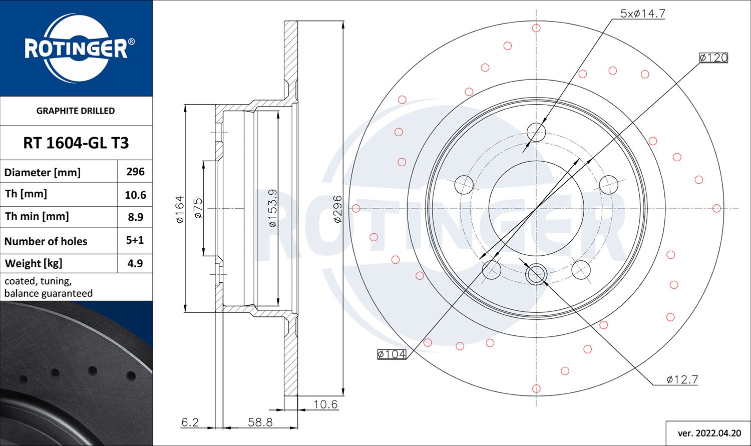 RT 1604-GL T3 ROTINGER GRAPHITE DRILLED féktárcsa