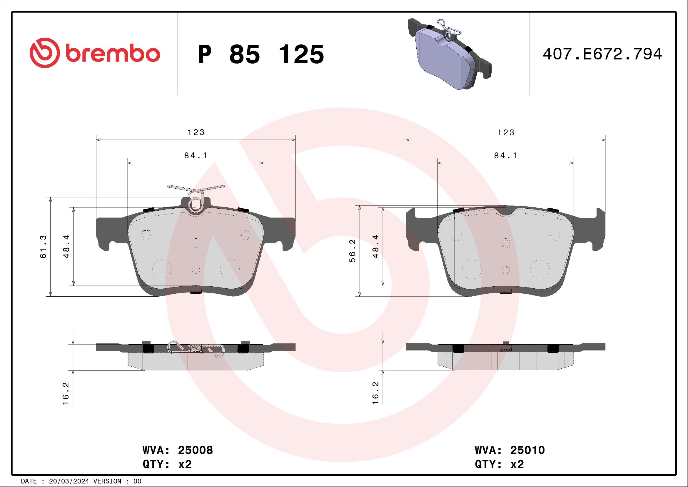 Brake Pad Set, disc brake P 85 125X