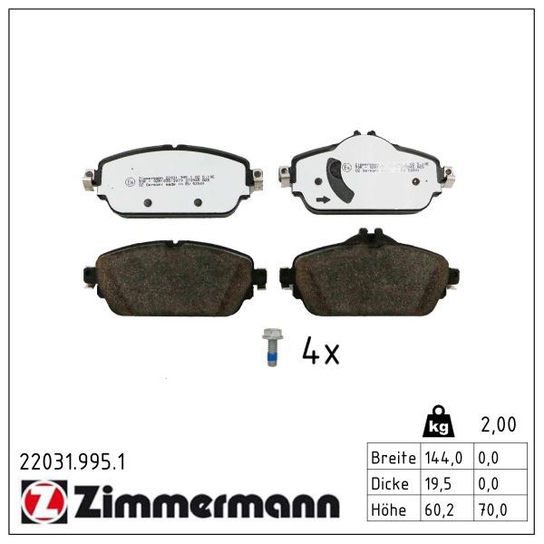 Zimmermann 22031.995.1 Bremsbelagsatz, Scheibenbremse