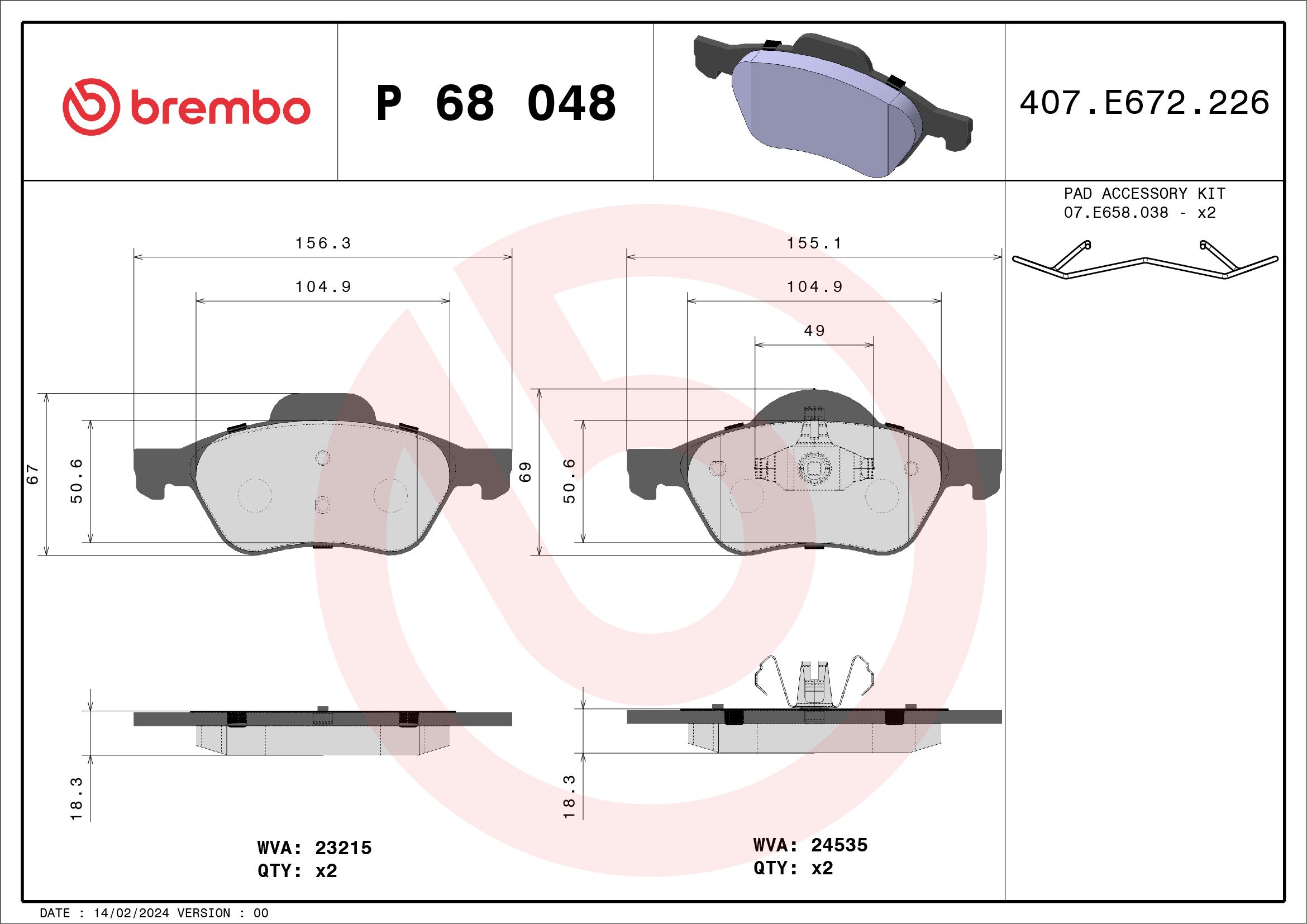 Brake Pad Set, disc brake P 68 048X