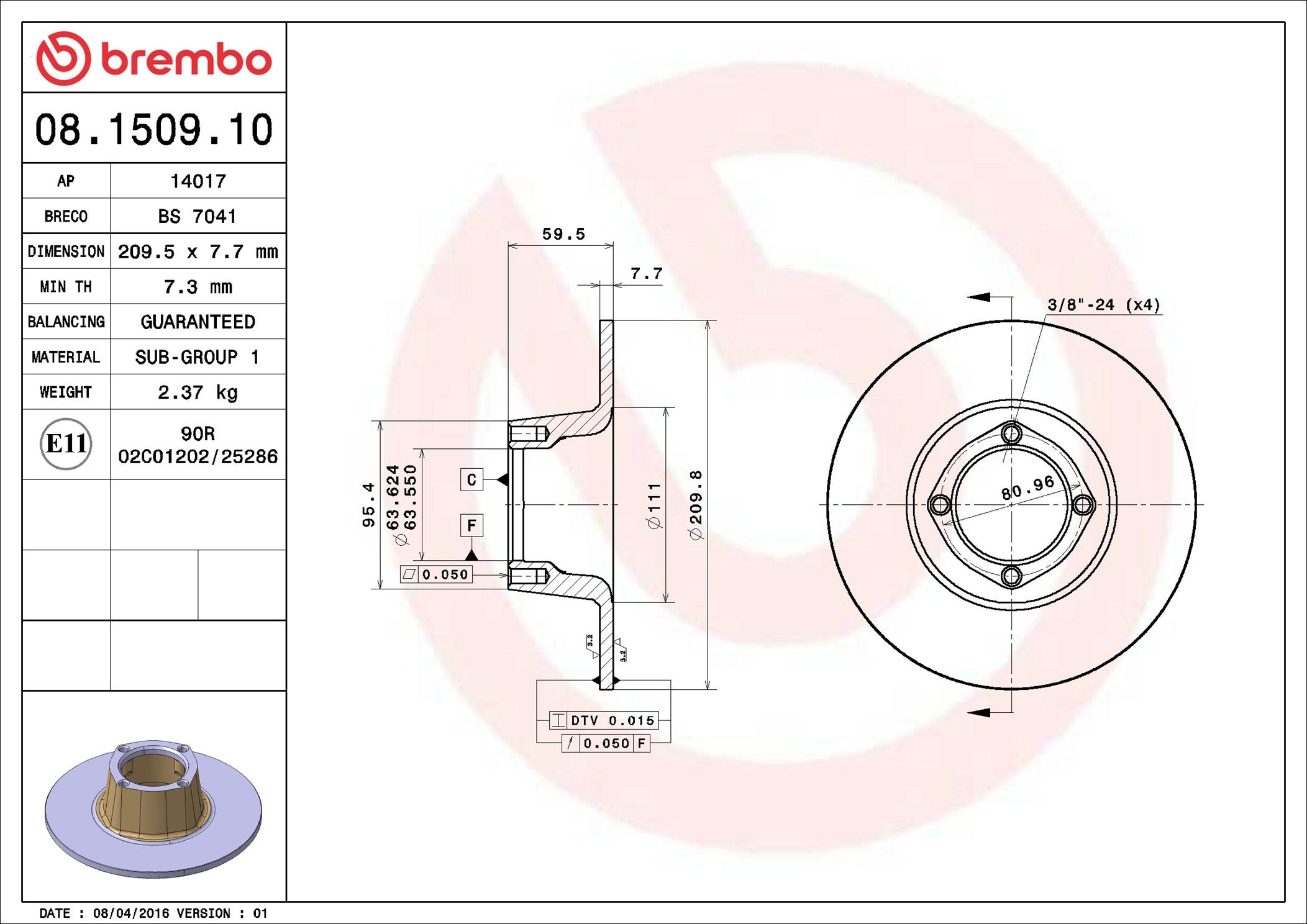 08.1509.10 BREMBO PRIME LINE féktárcsa