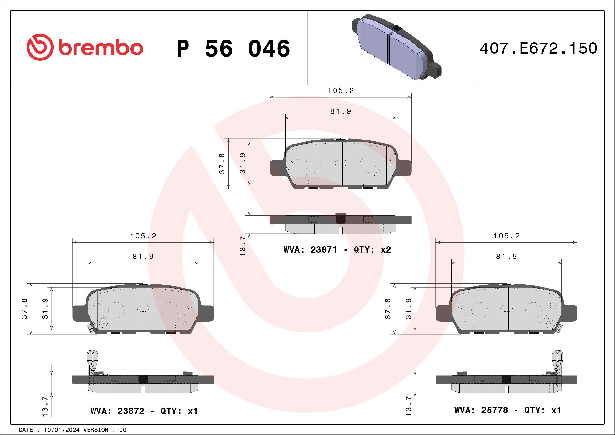 Комплект тормозных колодок, дисковый тормоз P 56 046