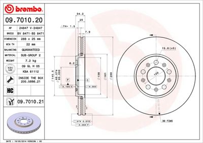 Тормозной диск BREMBO 09.7010.21 для SKODA RAPID