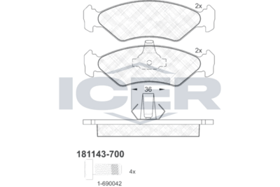 комплект спирачно феродо, дискови спирачки ICER 181143-700