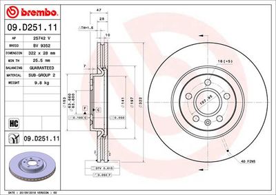 Тормозной диск BREMBO 09.D251.11 для VOLVO XC60