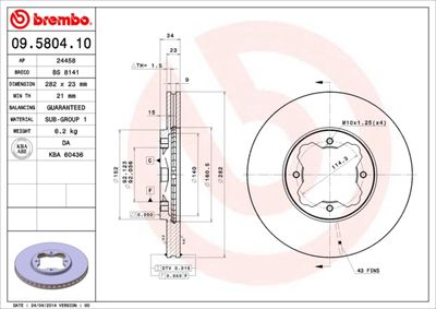 BREMBO 09.5804.10 Тормозные диски  для ROVER 600 (Ровер 600)