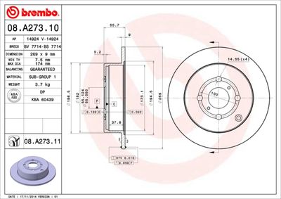Тормозной диск BREMBO 08.A273.11 для BYD G3
