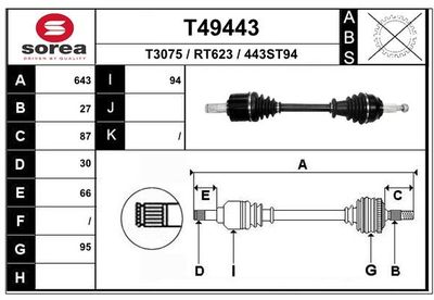 EAI T49443 Полуось в сборе  для RENAULT LAGUNA III Grandtour (KT0/1) 3.5 V6 (KT0C, KT0P)