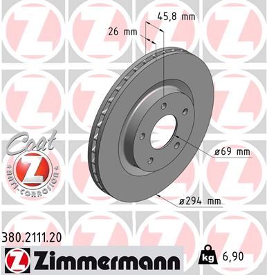 Тормозной диск ZIMMERMANN 380.2111.20 для PEUGEOT 4008