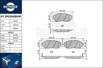 Zestaw klocków hamulcowych, hamulce tarczowe ROTINGER RT2PD20489HP