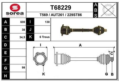 EAI T68229 Полуось в сборе  для AUDI 100 C3 седан (443, 444) 2.5 TDI