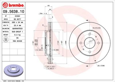 Тормозной диск BREMBO 09.5638.10 для MITSUBISHI TREDIA