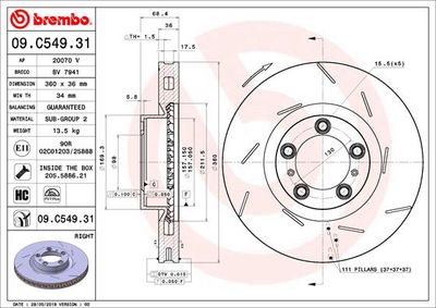 Тормозной диск BREMBO 09.C549.31 для PORSCHE PANAMERA