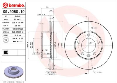 Тормозной диск BREMBO 09.9080.10 для OPEL MOVANO