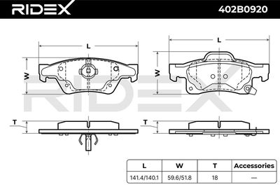 комплект спирачно феродо, дискови спирачки RIDEX 402B0920
