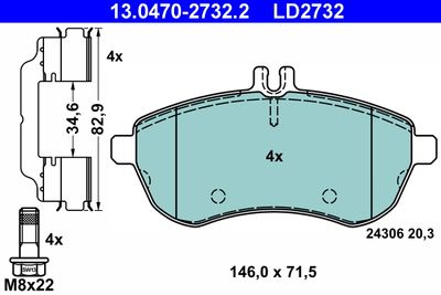 Комплект тормозных колодок, дисковый тормоз ATE 13.0470-2732.2 для MERCEDES-BENZ SLC