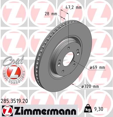 Тормозной диск ZIMMERMANN 285.3519.20 для HYUNDAI NEXO