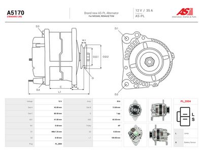 AS-PL - Alternátor MITSUBISHI, NISSAN , A5170