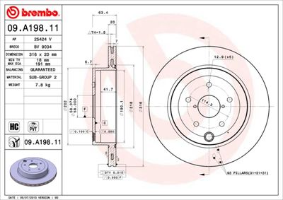 Тормозной диск BREMBO 09.A198.11 для SUBARU WRX