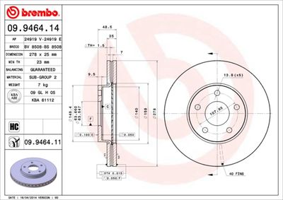 Тормозной диск BREMBO 09.9464.11 для VOLVO C70