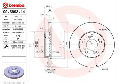 Тормозной диск BREMBO 09.6893.14 для ACURA RL