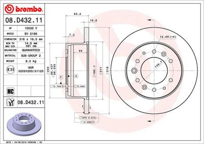 Тормозной диск BREMBO 08.D432.11 для HYUNDAI H350