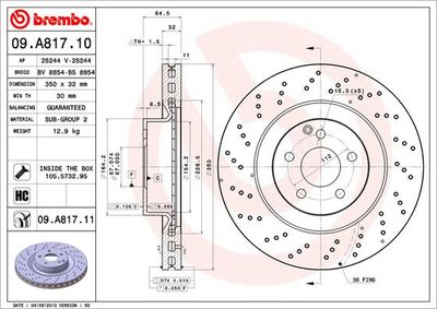 Тормозной диск BREMBO 09.A817.11 для MERCEDES-BENZ SL