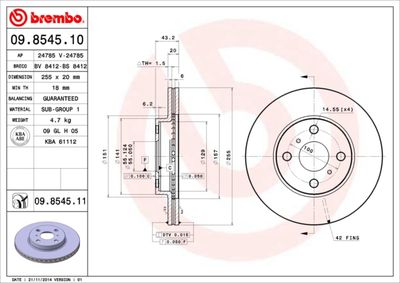 Тормозной диск BREMBO 09.8545.11 для TOYOTA MR2