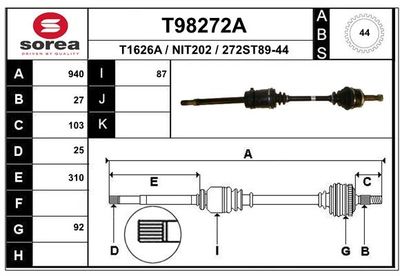 EAI T98272A Полуось в сборе  для NISSAN PRIMERA Hatchback (P11) 2.0 16V