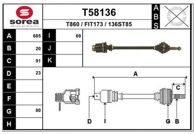 Приводной вал EAI T58136 для FIAT PANDA