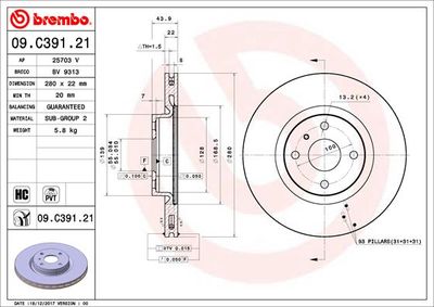 Тормозной диск BREMBO 09.C391.21 для ABARTH 124