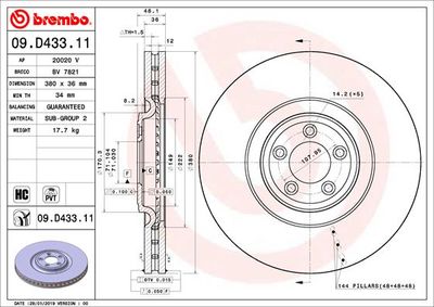 Тормозной диск BREMBO 09.D433.11 для JAGUAR XF