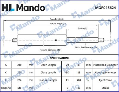Sprężyna gazowa, pokrywa bagażnika MANDO MOP045624