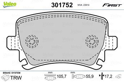 Комплект тормозных колодок, дисковый тормоз VALEO 301752 для SEAT EXEO