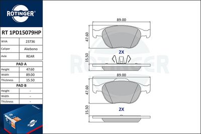 комплект спирачно феродо, дискови спирачки ROTINGER RT 1PD15079HP