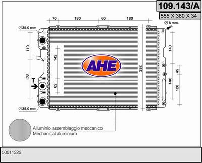 Радиатор, охлаждение двигателя AHE 109.143/A для FIAT FIORINO