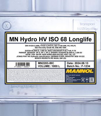 Hydraulolja HV ISO 68 Longlife 1000 Liter MANNOL MN2203-IBC-1000