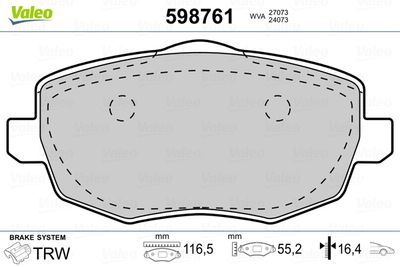 Комплект тормозных колодок, дисковый тормоз VALEO 598761 для LANCIA YPSILON