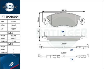 Комплект тормозных колодок, дисковый тормоз ROTINGER RT 2PD16564 для CITROËN C5