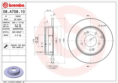 Тормозной диск BREMBO 08.A708.11 для HYUNDAI GRANDEUR