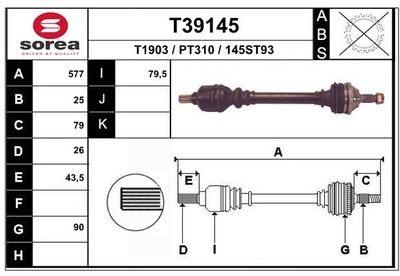 EAI T39145 Полуось в сборе  для PEUGEOT 206 Наклонная задняя часть (2A/C) 1.6 16V